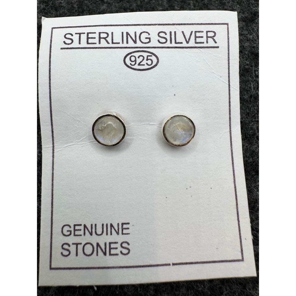 Genuine Moonstone Sterling Silver Stud Earrings Bezel Set Round 6mm